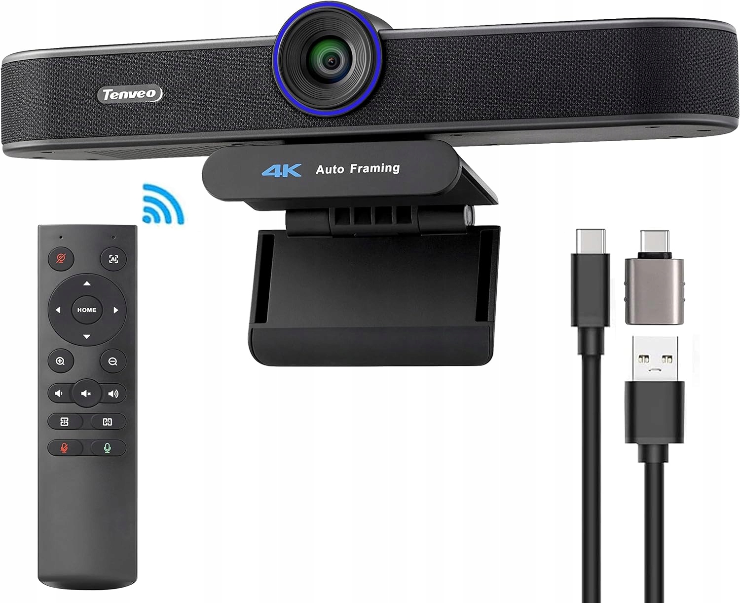 Комплектация Tenveo VA300C: камера, пульт ДУ, кабель USB-C и адаптер