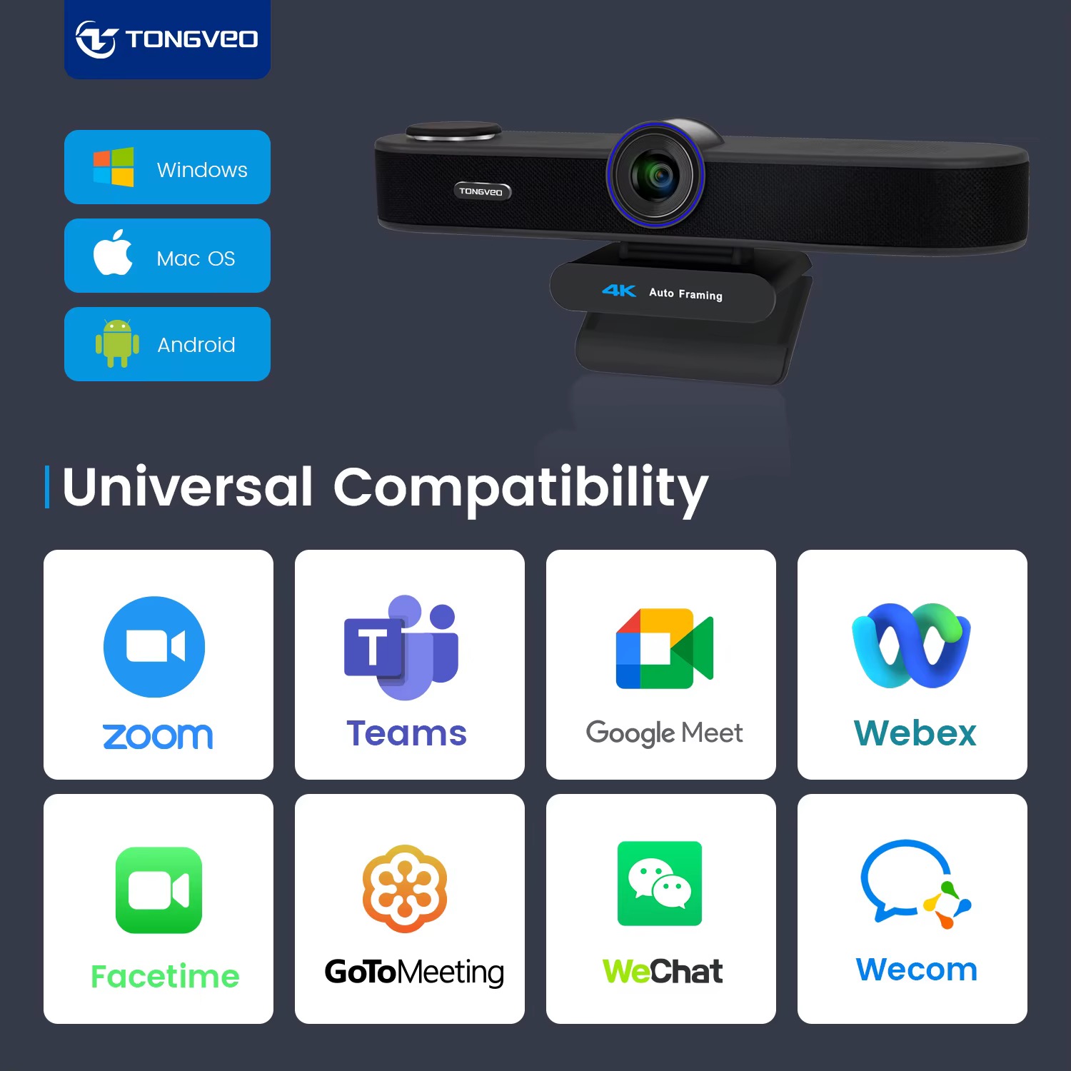 Универсальная совместимость: Windows, macOS, Android, Zoom, Teams, Google Meet, Webex, FaceTime