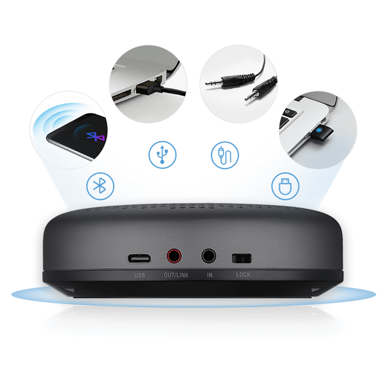 Порты спикерфона EMEET Luna: USB, OUT/LINK, AUX IN и подключение по Bluetooth
