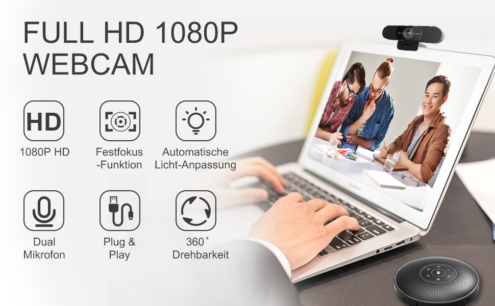 EMEET C960 1080P — инфографика: фиксированный фокус, автоматическая настройка света, поворот 360°