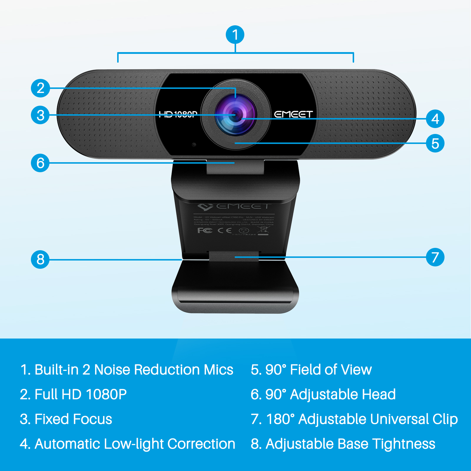 EMEET C960 1080P — схема элементов: 2 микрофона с шумоподавлением, Full HD, угол обзора 90°, регулируемое крепление