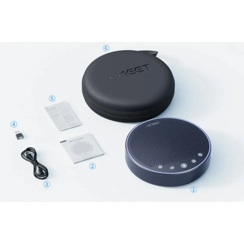 Комплектация EMEET OfficeCore M3: спикерфон, чехол, кабель USB-C, адаптер A300, документация