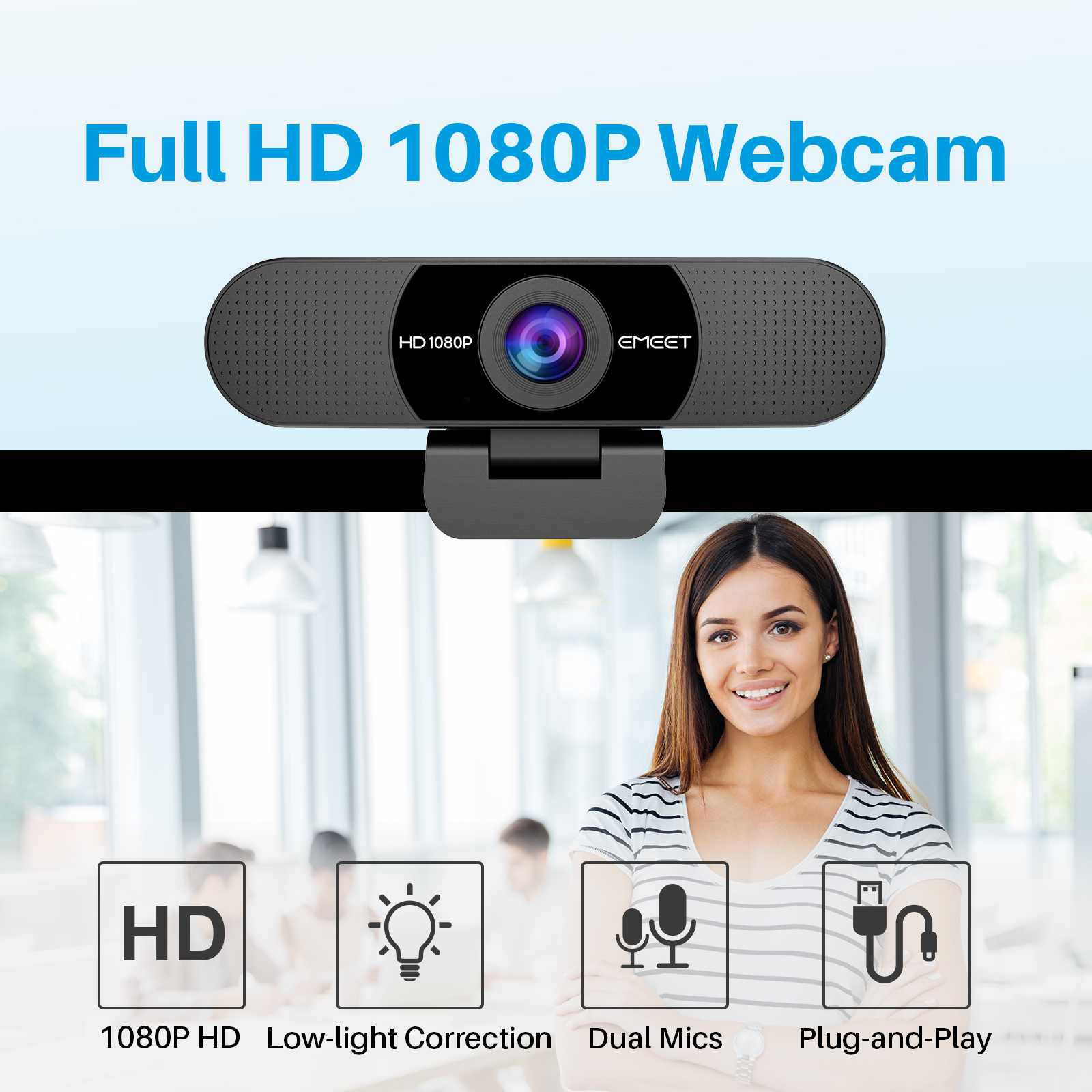 EMEET C960 1080P — инфографика: 1080P HD, коррекция низкой освещённости, два микрофона, Plug & Play