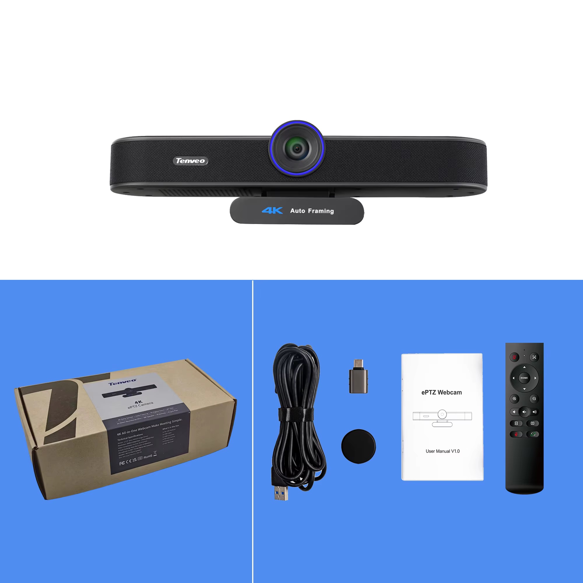 Комплект поставки Tenveo VA300C: камера, коробка, кабель USB, адаптер USB-C, шторка, пульт и инструкция