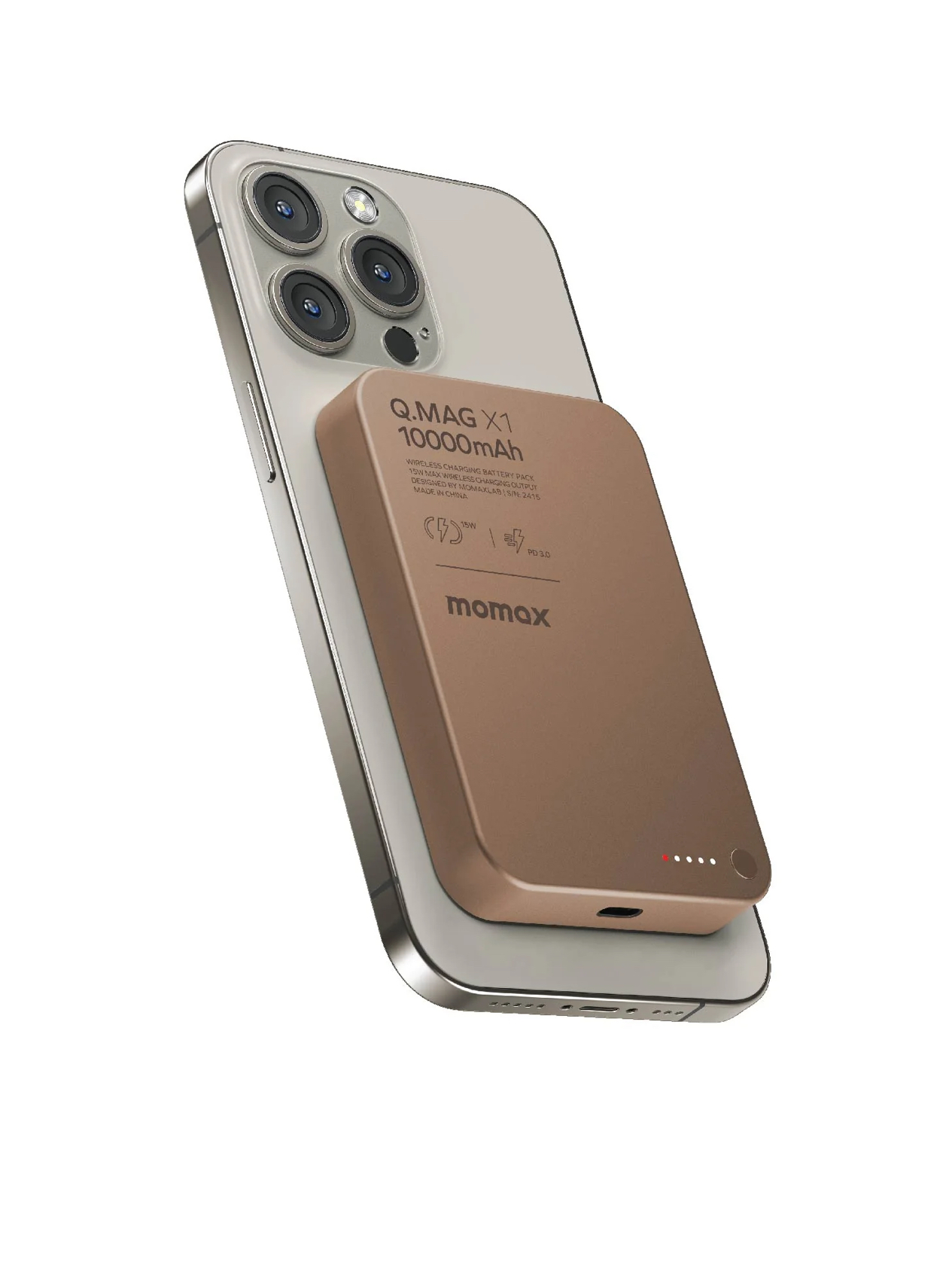 Золотистый повербанк MOMAX Q.Mag X1 Gen 2 на магните MagSafe у iPhone