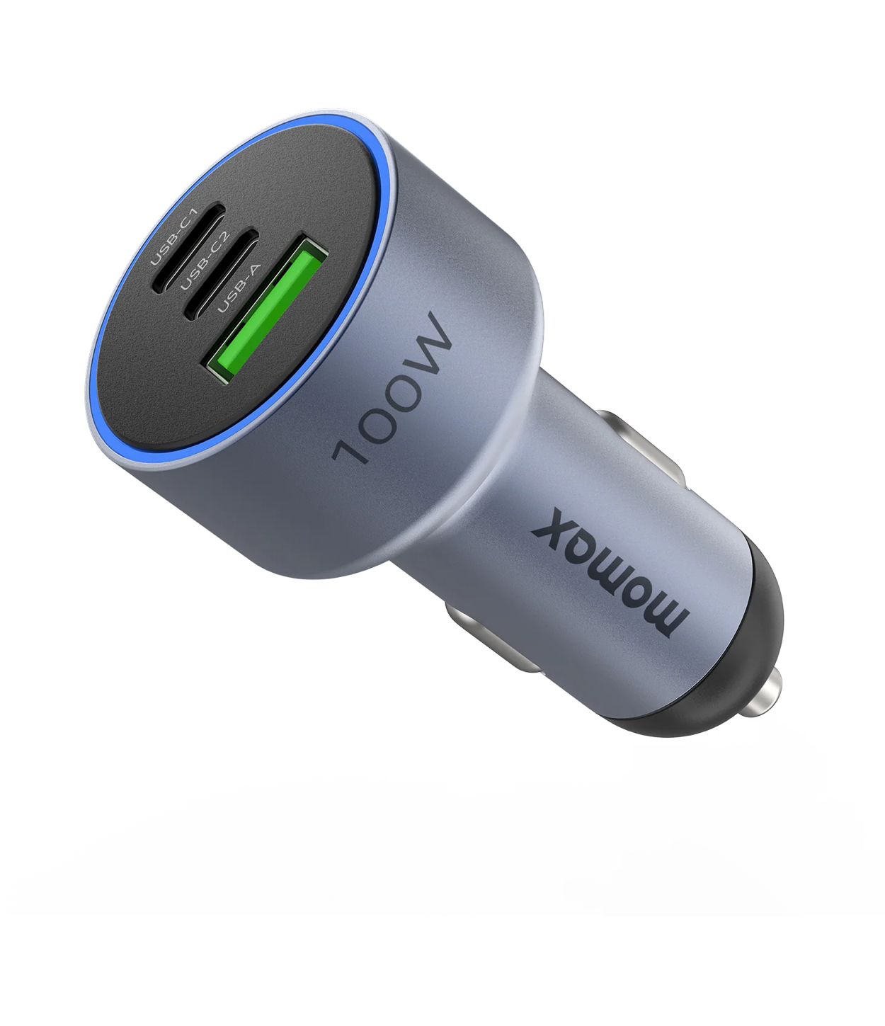 MOMAX UC17 под углом сверху — порты USB-C1, USB-C2 и USB-A с синей подсветкой